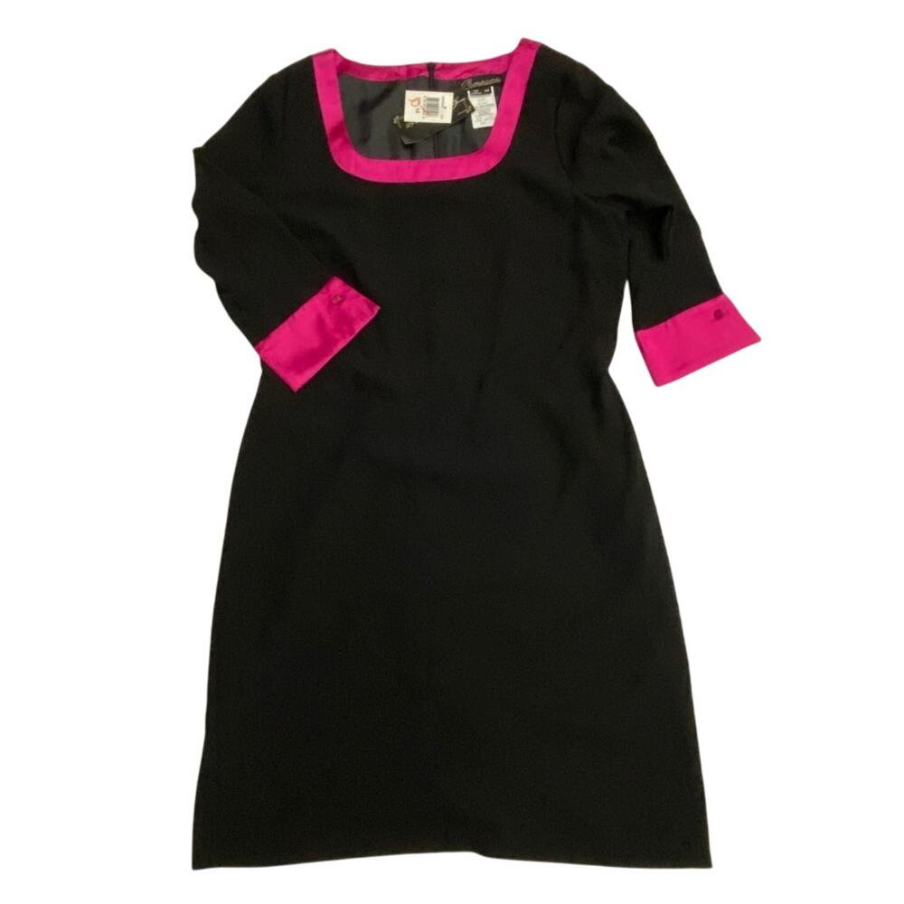 Vintage Midi Shift Dress Black Pink Size 14 Pomponix NWT Colorblock 3/4 sleeve